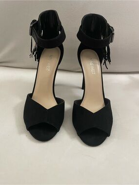Nine West Black Suede Open-Toe Ankle-Strap Heels Size 6.5 Fringed Detail